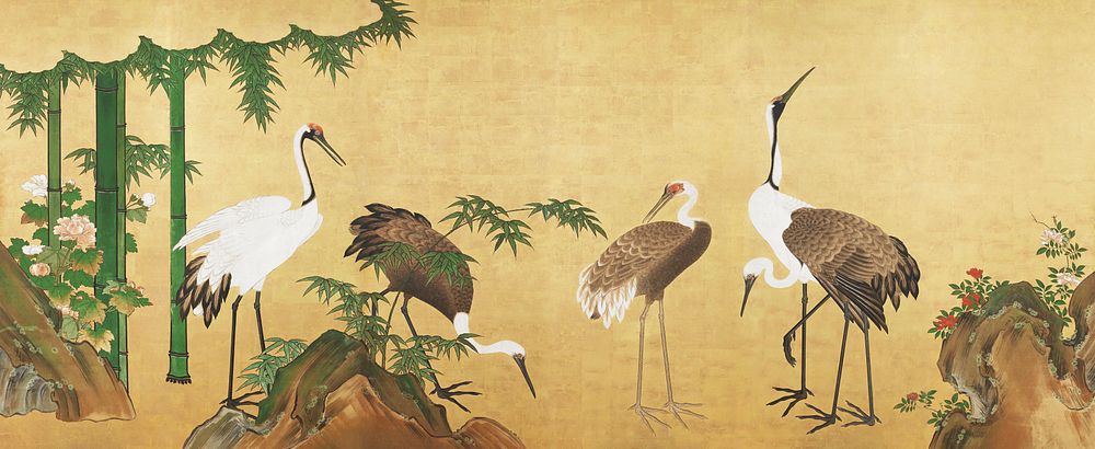 Japanese cranes with bamboo (18th-19th century) vintage ink and color on paper by Kano School. Original public domain image…