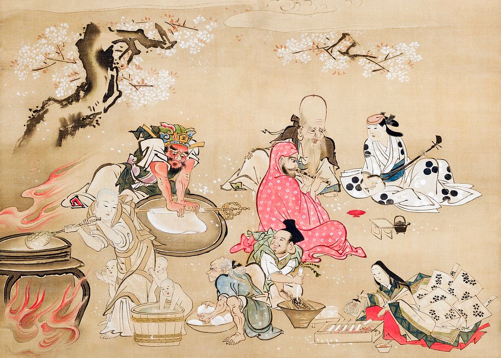 Japanese gods preparing a cherry blossom banquet (18th century) vintage ink and color on silk. Original public domain image…