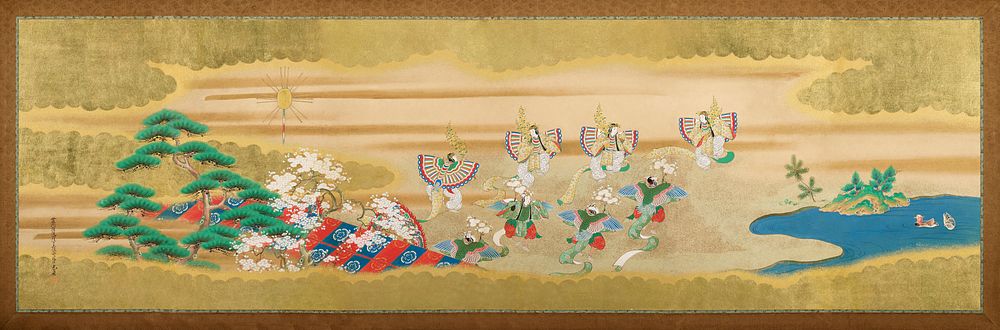 Japanese butterflies dancing, chapter of the Tale of Genji (1738 - 1806) vintage painting by Tosa Mitsusada. Original public…
