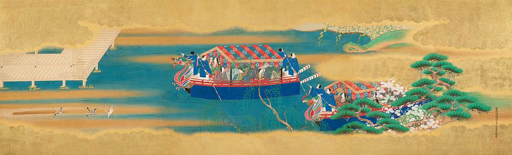 Boating episode from the "Butterflies" Chapter of the Tale of Genji(mid 17th century ) vintage Japanese painting by Tosa…