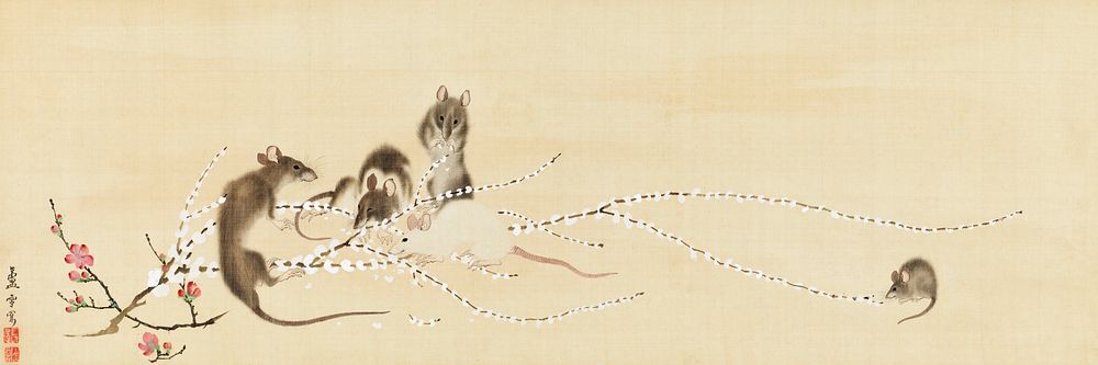 Japanese mice on rice cake flowers (1790s) vintage painting by Nagasawa Rosetsu. Original public domain image from the…
