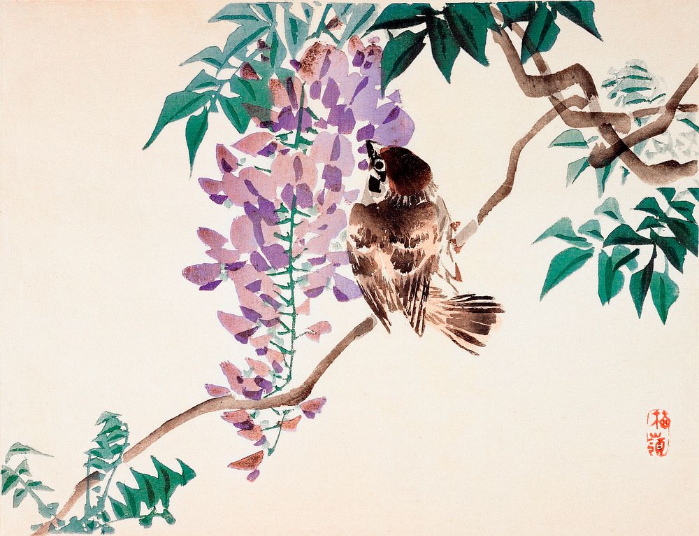 Japanese sparrow and flower (1859-1895) vintage woodblock print by Kōno Bairei. Original public domain image from the…
