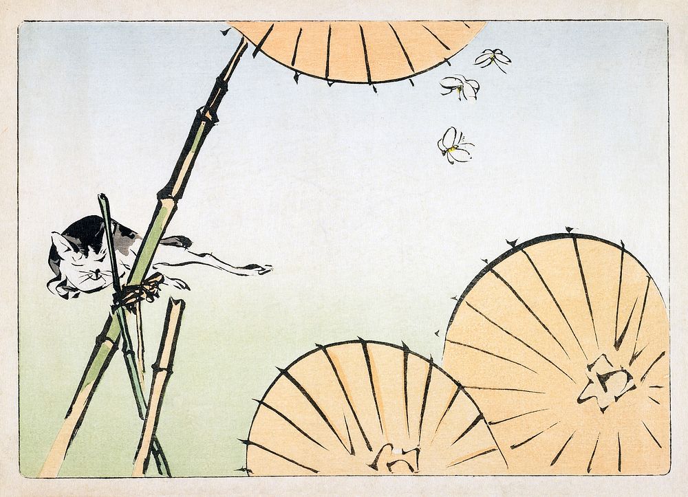 Japanese cat and umbrella (1877) vintage woodblock print by Shibata Zeshin. Original public domain image from the…