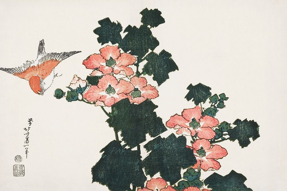 Katsushika Hokusai’s red roses and bird (1760–1849) vintage Japanese woodblock print. Original public domain image from The…