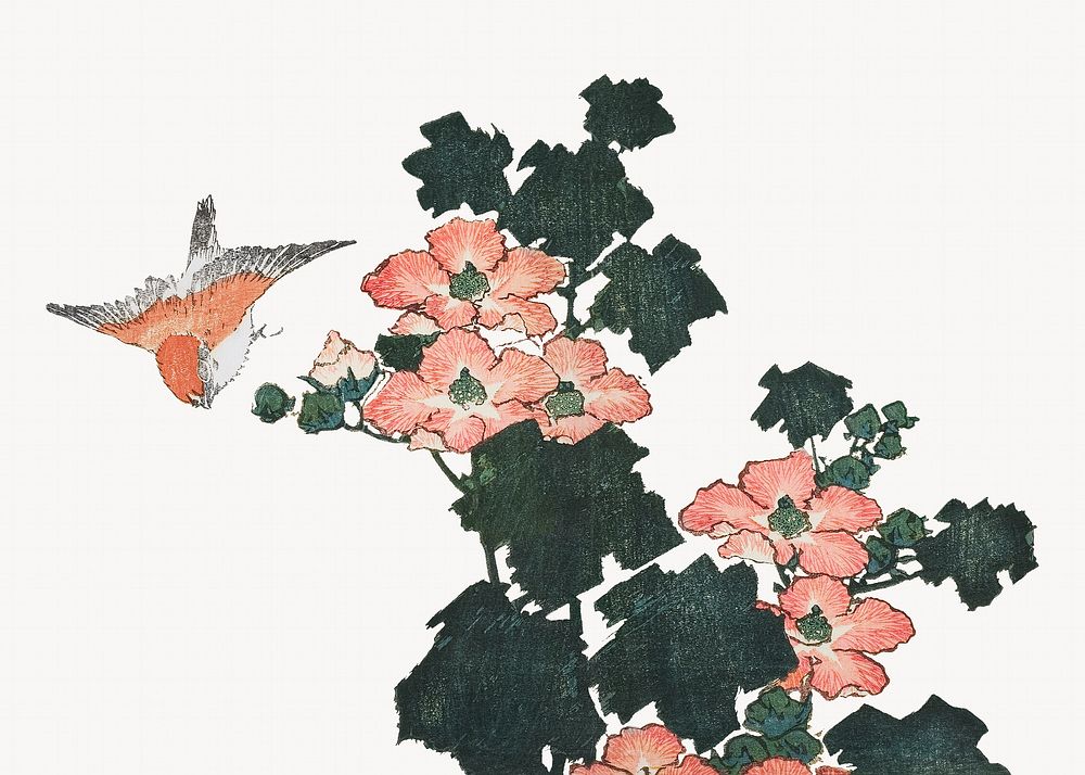 Hokusai&rsquo;s red roses and bird. Remastered by rawpixel. 