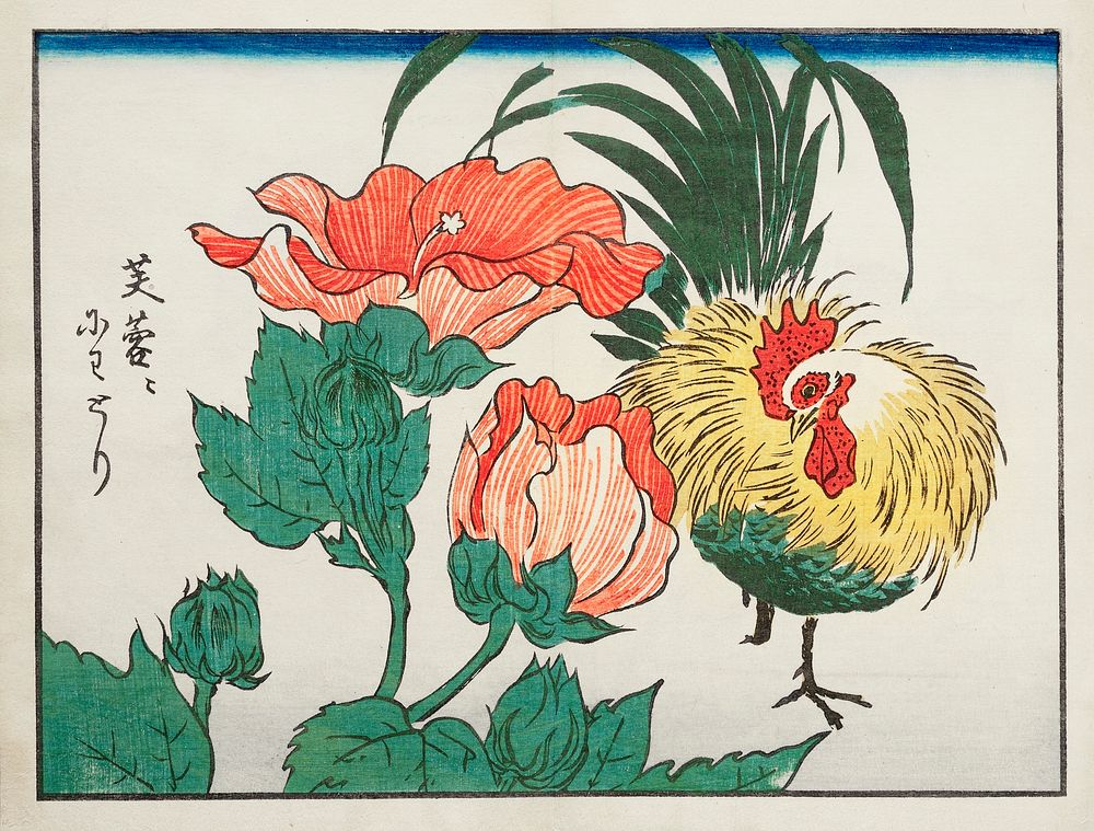 Japanese chicken and flowers (1862) vintage woodblock prints by Utagawa Hiroshige. Original public domain image from The MET…