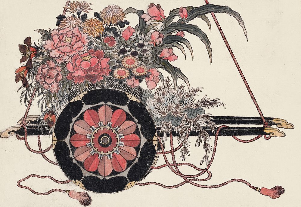 Katsushika Hokusai's flower cart, from Album of Sketches (1814) vintage Japanese woodblock prints. Original public domain…