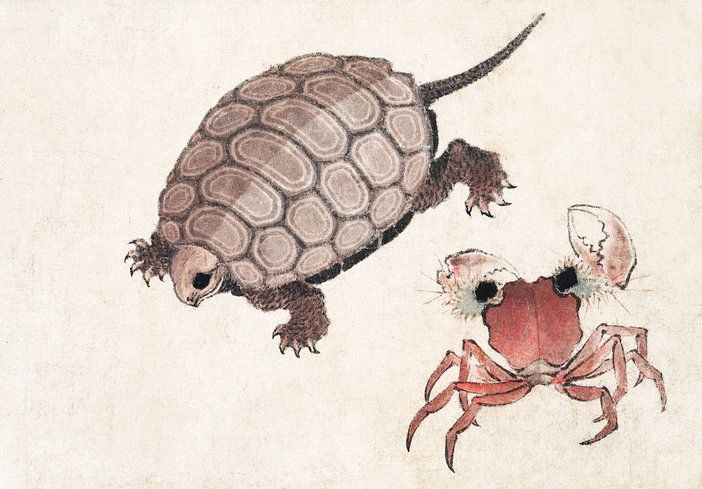 Katsushika Hokusai's turtle and crab, from Album of Sketches  (1814) vintage Japanese woodblock prints. Original public…