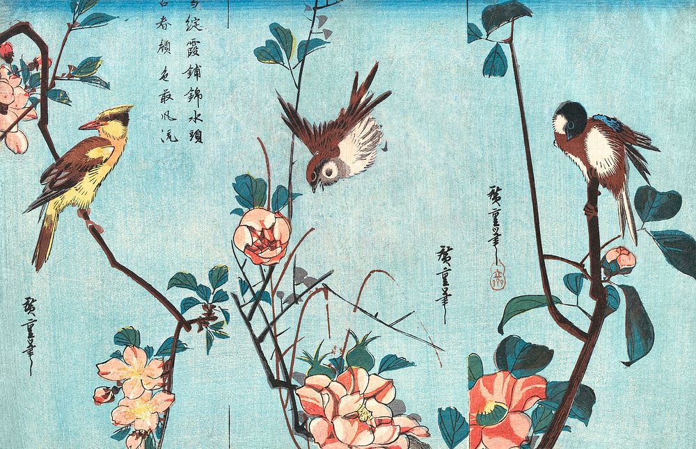 Japanese birds and flowers (1833) vintage woodblock prints by  Utagawa Hiroshige. Original public domain image from The MET…