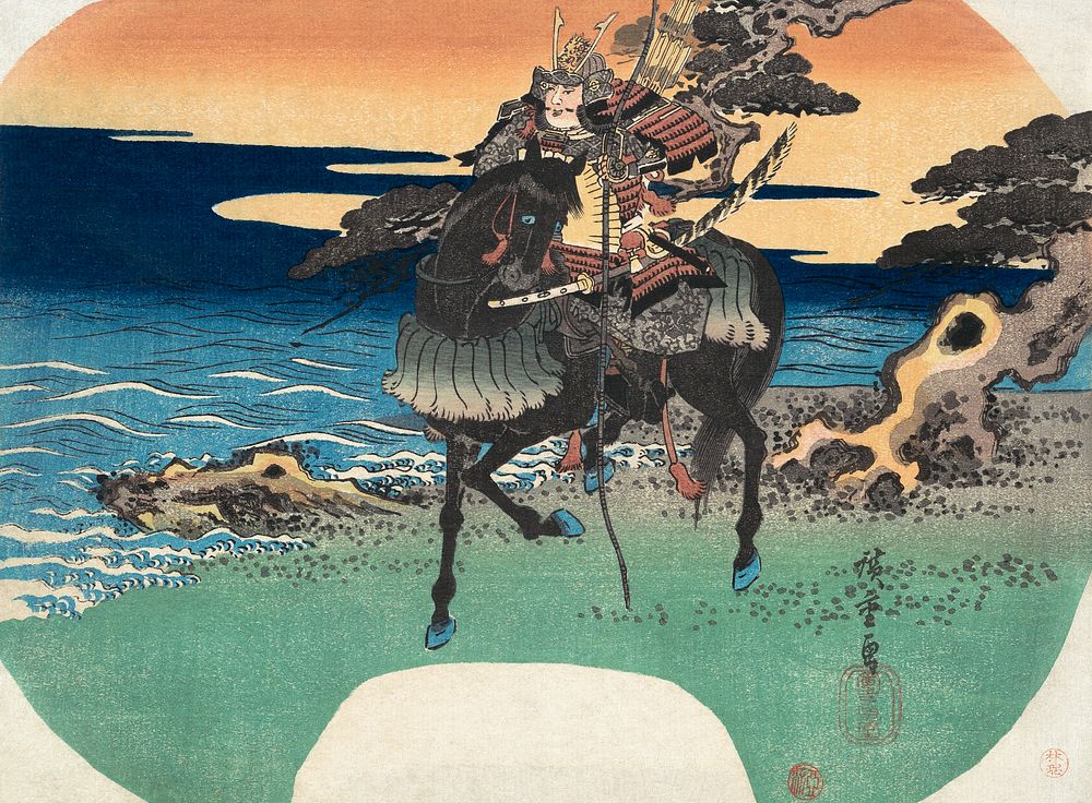 Japanese warrior riding a black horse (1835) vintage woodblock print by Utagawa Hiroshige. Original public domain image from…