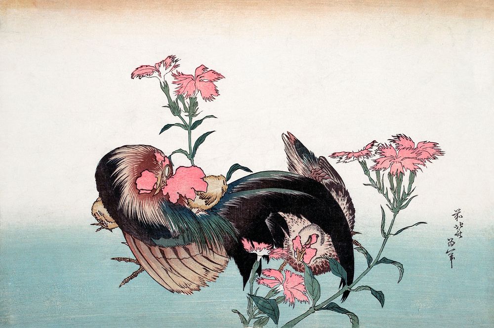 Katsushika Hokusai&rsquo;s cock and flower (1760&ndash;1849) vintage Japanese painting. Original public domain image from…