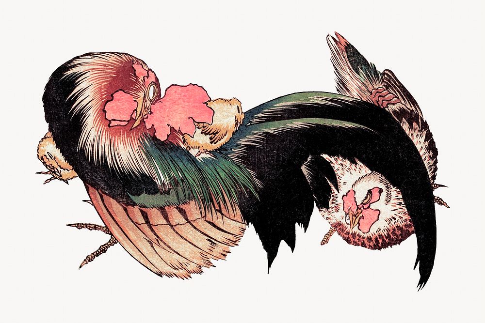 Hokusai&rsquo;s cock and pink flowers.  Remastered by rawpixel. 