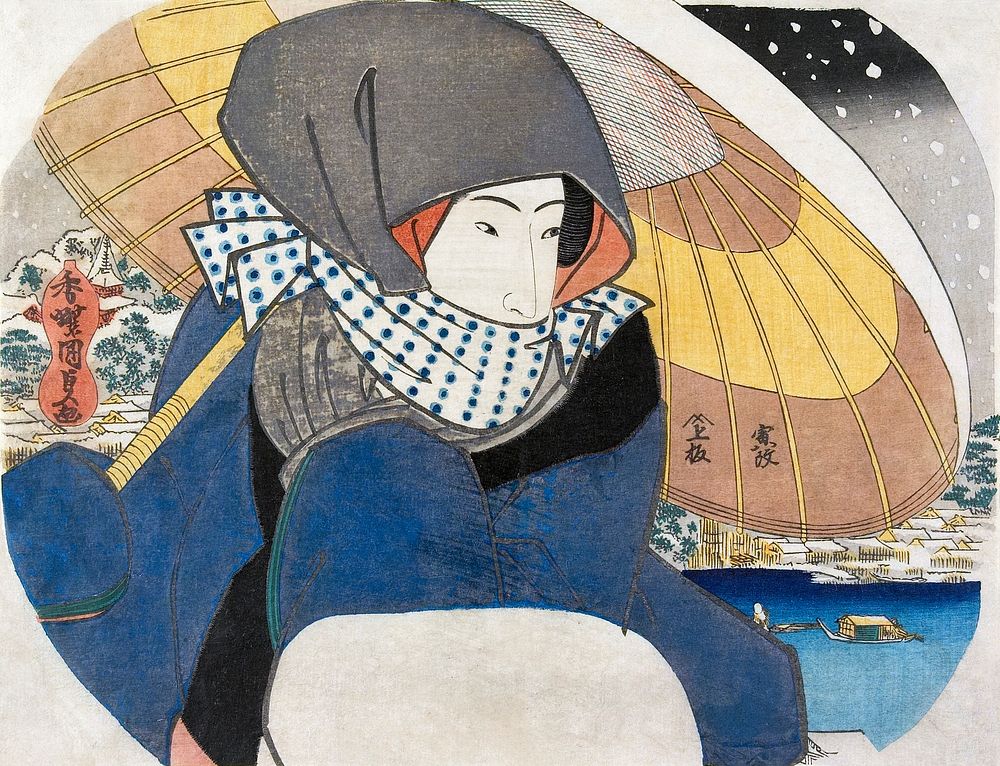 Japanese woman with umbrella in snow (1930) vintage woodblock print by Utagawa Kunisada. Original public domain image from…