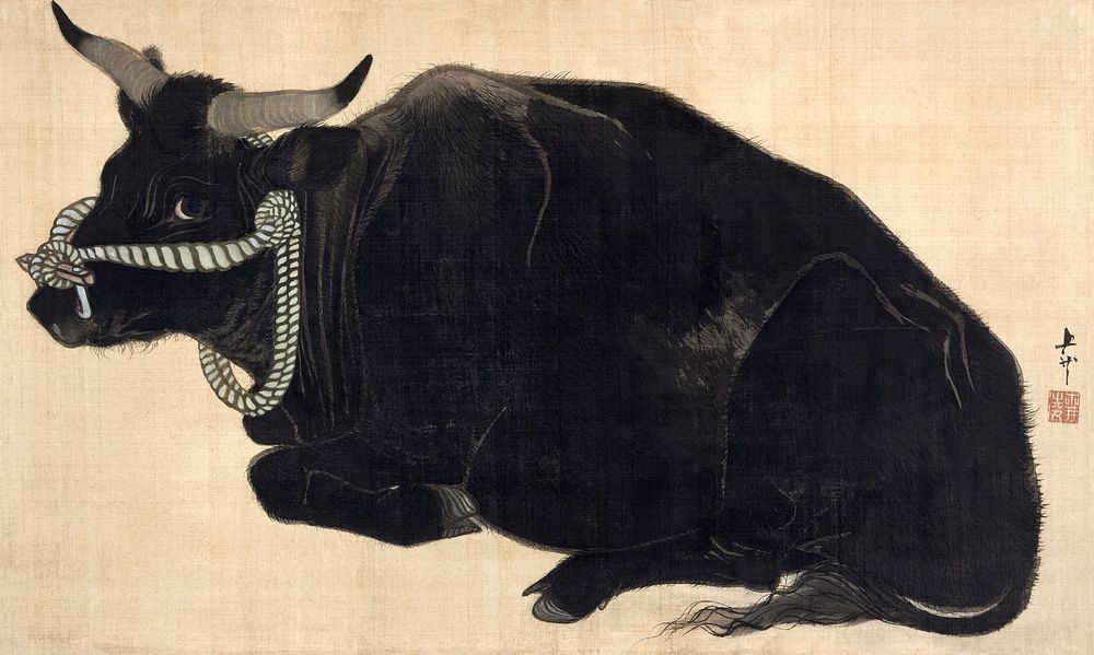 Reclining bull (1830s) vintage Japanese painting by Mihata Joryu. Original public domain image from the Minneapolis…