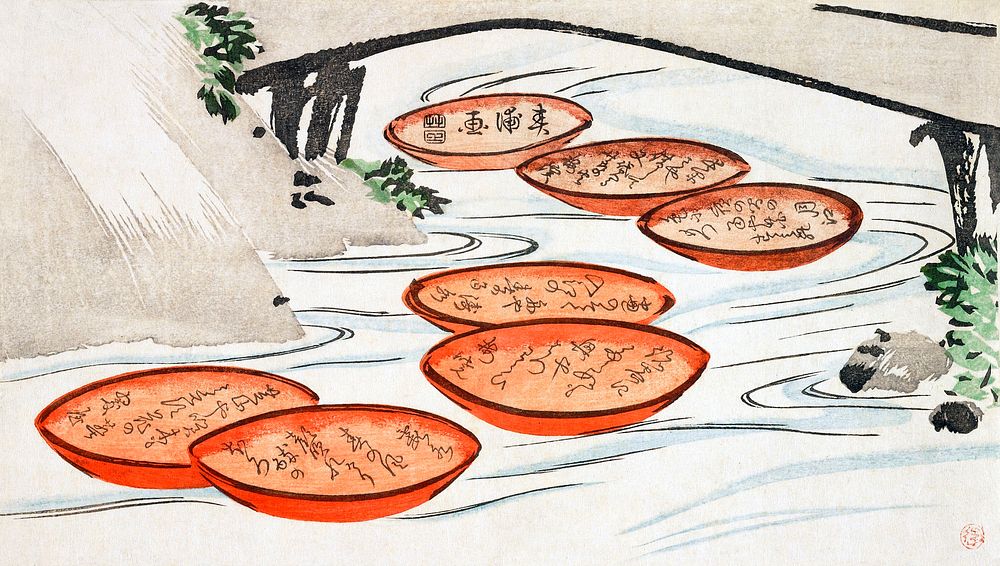 Sake cups in a river (1854–1859) print in high resolution by Shunpo. Original from the Minneapolis Institute of Art.  …