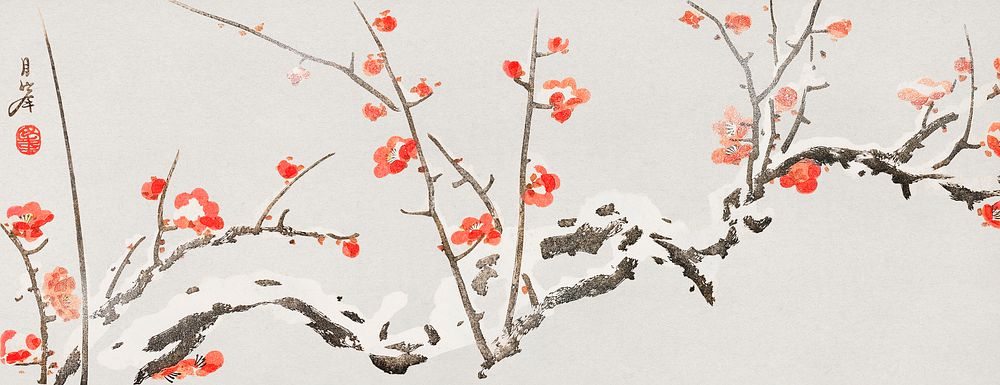 Flowering plums in snow (1818&ndash;1829) vintage Japanese painting by Yamaoka Geppo. Original public domain image from the…