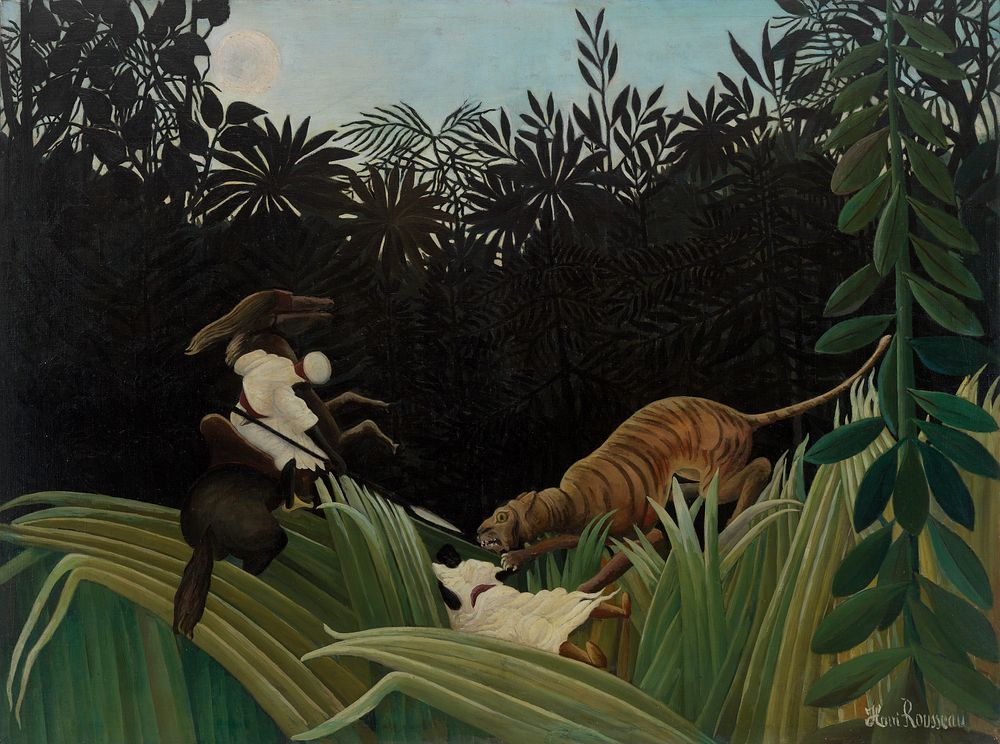 Scouts Attacked by a Tiger (&Eacute;claireurs attaqu&eacute;s par un tigre) (1904) by Henri Rousseau. Original from the…