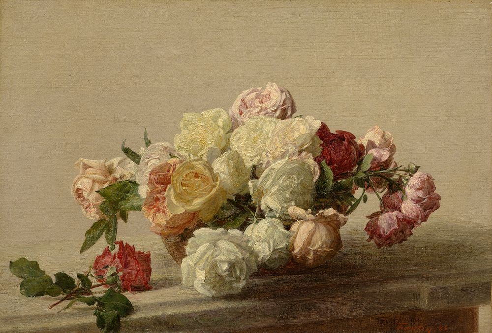 Bowl of Roses on a Marble Table (1885) painting in high resolution by Henri Fantin-Latour.  