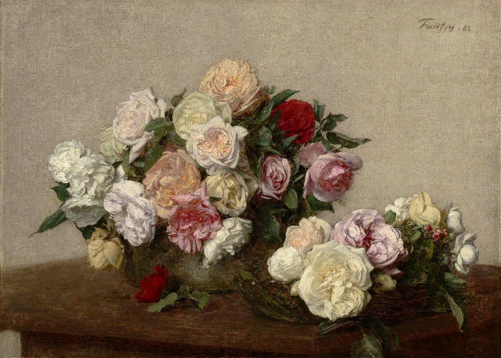 Roses in a Bowl and Dish (1885) painting in high resolution by Henri Fantin-Latour.  