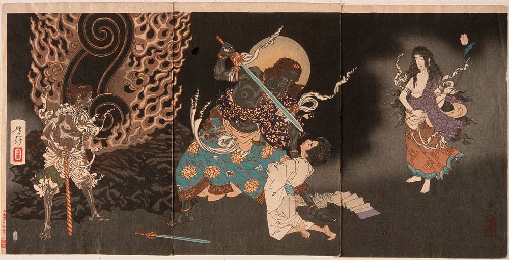 Yūten Swallowing the Sword of Fudō (1885) print in high resolution by Tsukioka Yoshitoshi. Original from the Art Institute…