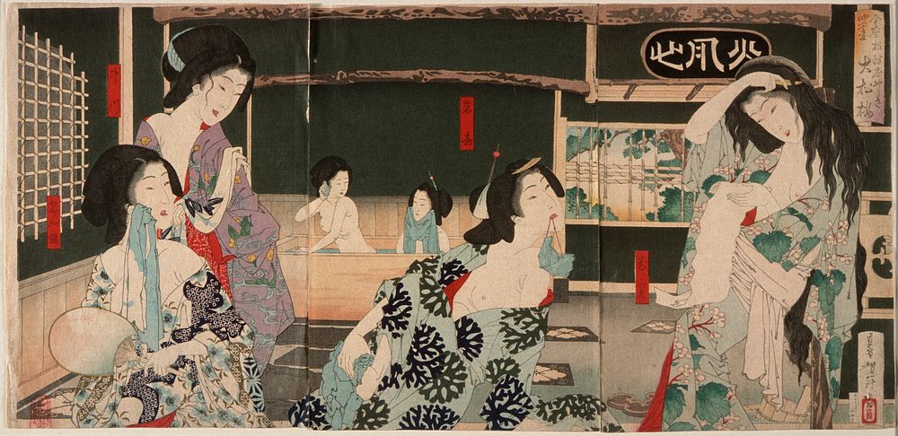Summer: Women Bathing at the Daishōrō (1883) print in high resolution by Tsukioka Yoshitoshi. Original from the Art…