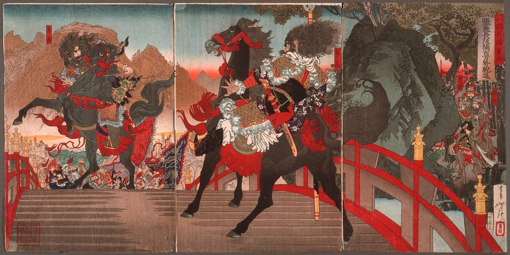 Zhang Fei on the Long Sloped Bridge Turning Away One Million Wei Troops with a Powerful Stare ( 1884) print in high…