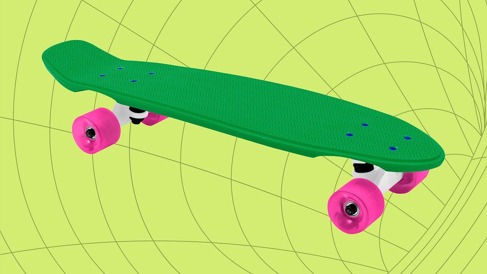 Green skateboard with pink wheels