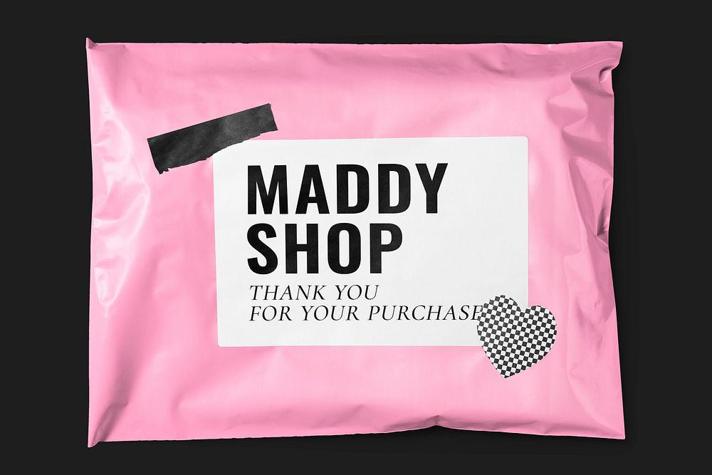 Shipping label mockup, pink mailer bag, product packaging design psd