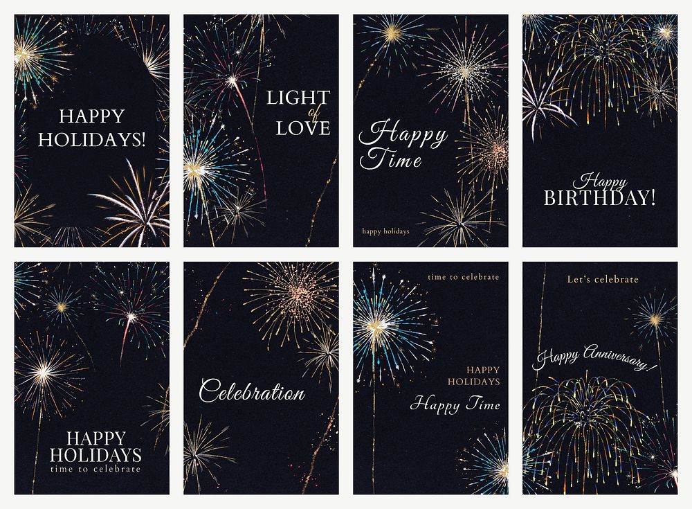 Colorful fireworks template psd with editable text set