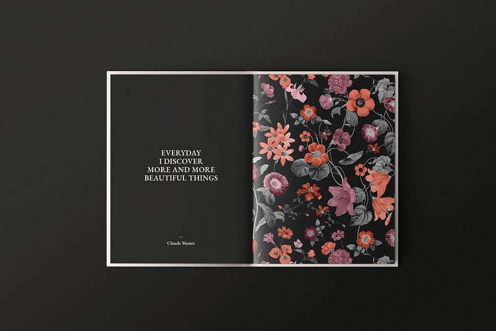 Vintage floral book mockup, flat lay design psd, remix from the artworks of Pierre Joseph Redout&eacute;