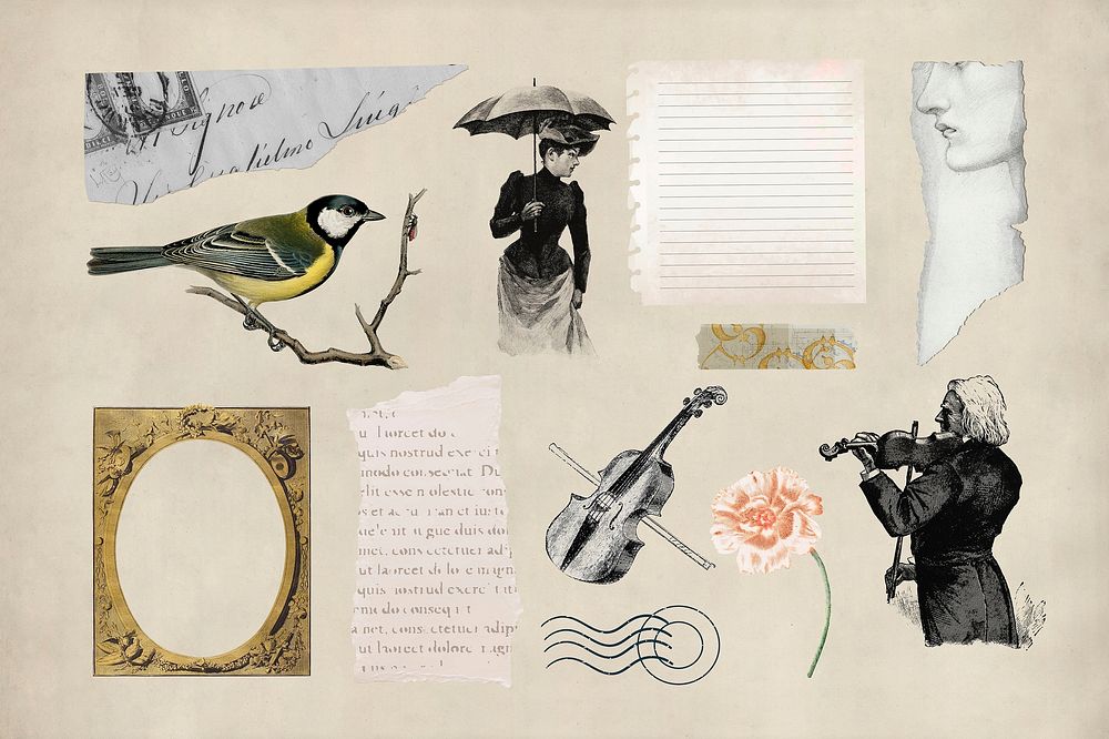 Vintage ephemera sticker, journal collage elements set