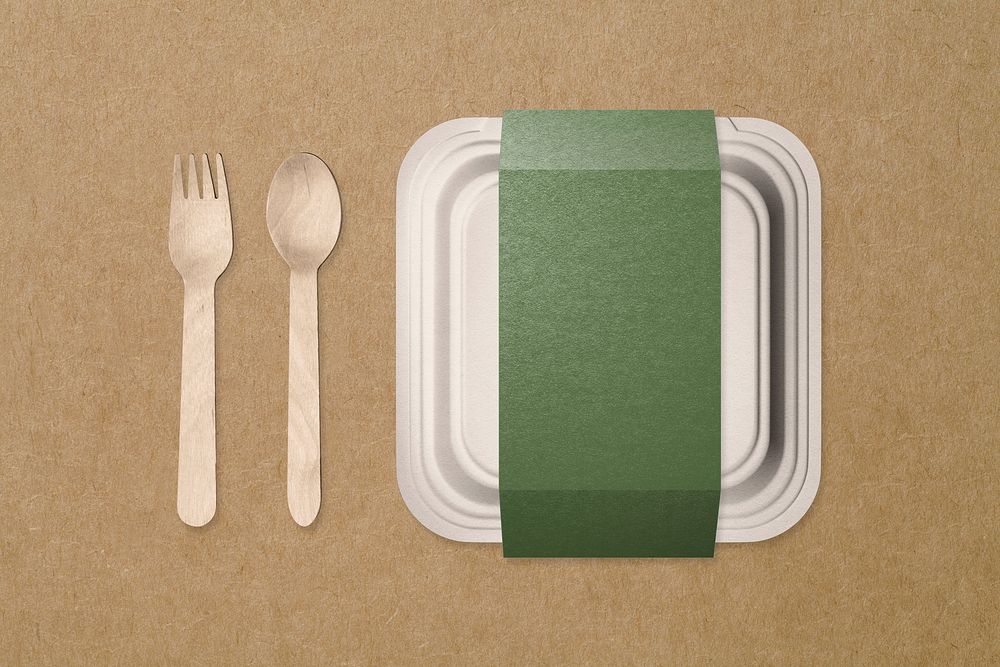 Biodegradable packaging, food box with wooden fork and spoon