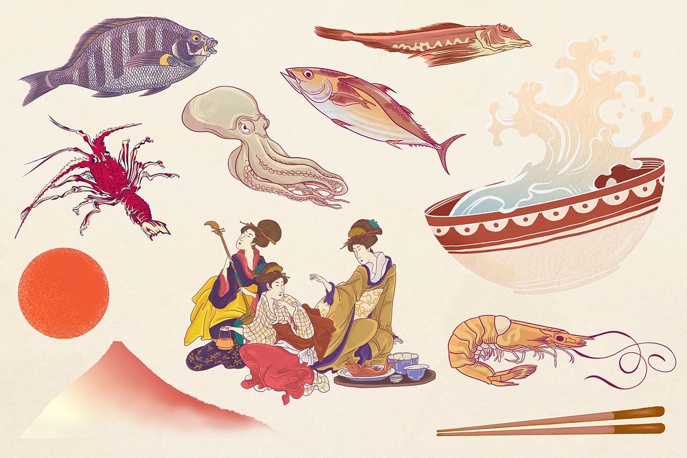 Japanese sea animal, vintage collage element set