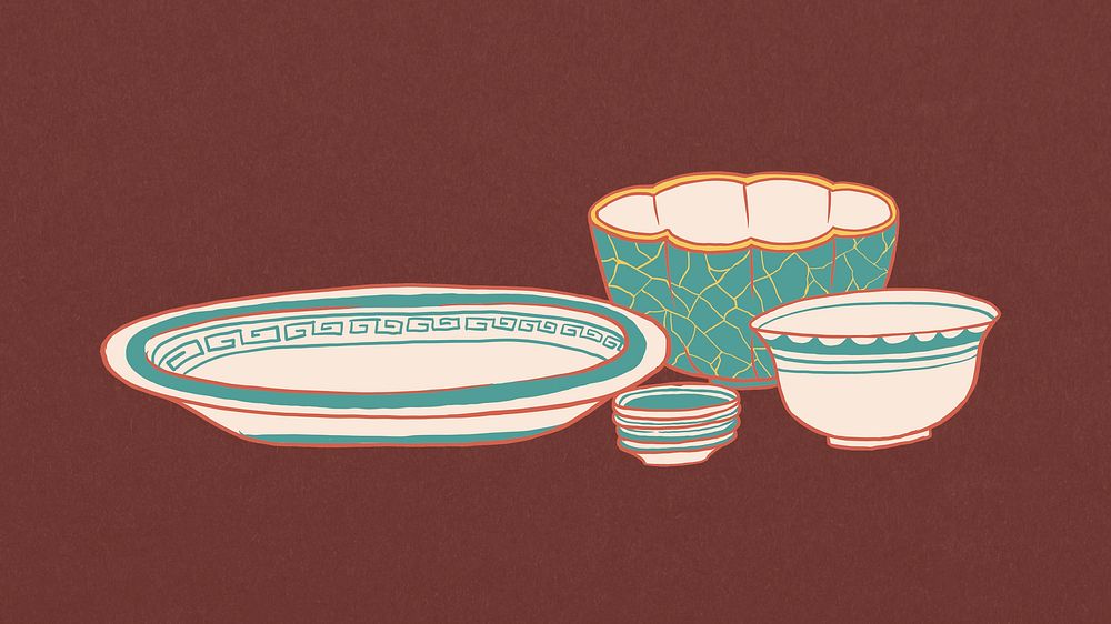 Vintage dish and bowl, object illustration set