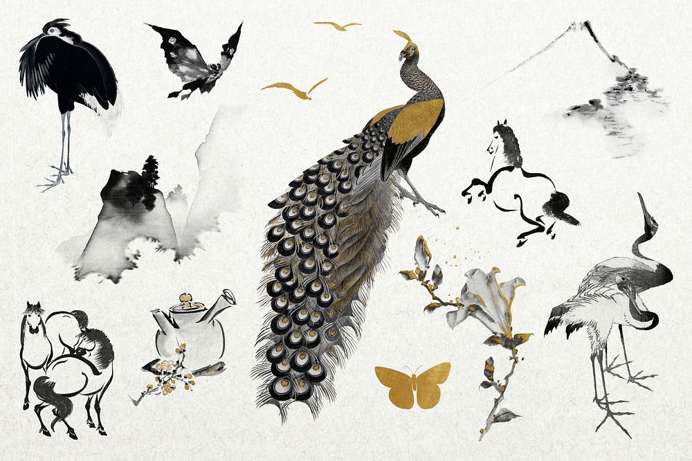 Japanese ink animals, nature collage element set