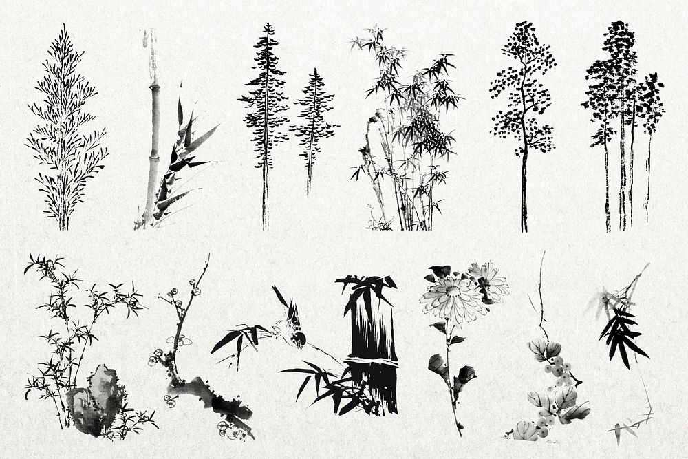 Japanese ink plant,  vintage collage element set