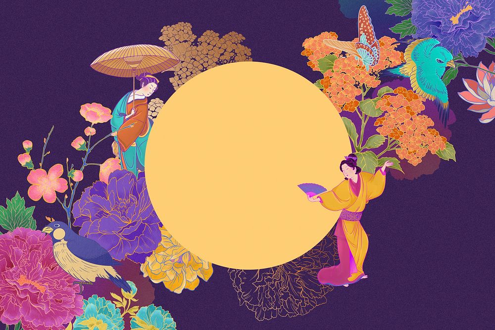 Aesthetic vintage Japanese women background, dancing border