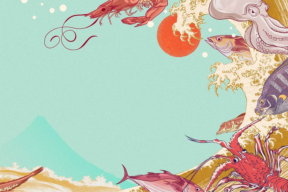 Vintage seafood background, aesthetic food border illustration