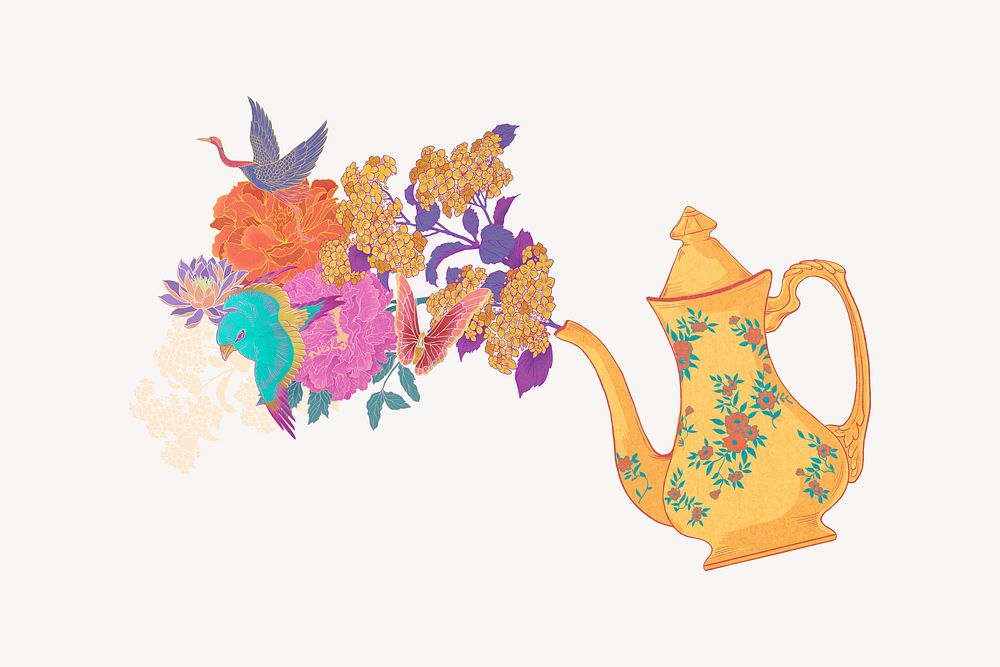 Yellow floral teapot, vintage object illustration
