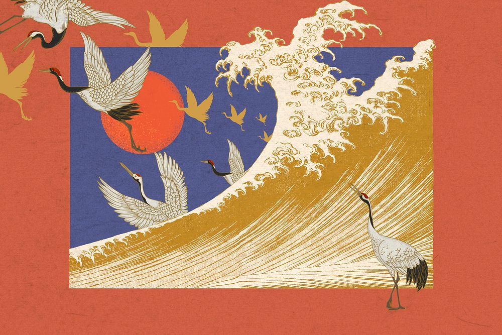 Hokusai's Japanese crane, gold wave illustration