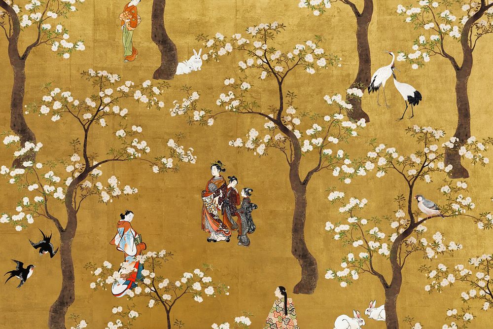 Vintage Japanese background, people enjoying cherry blossom festival