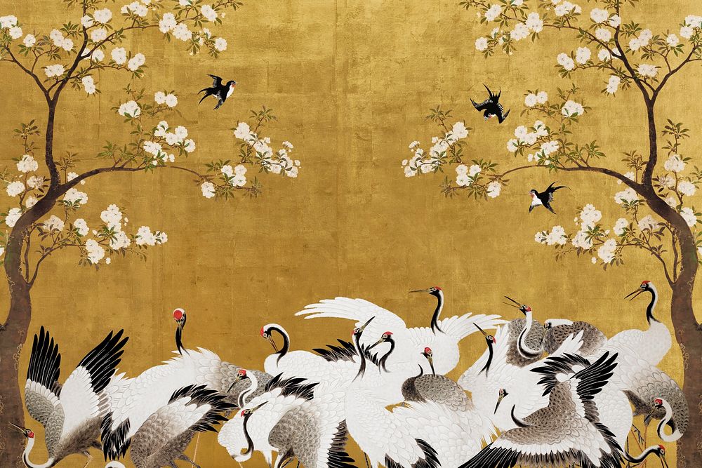 Hokusai's gold cranes background, Japanese animal illustration