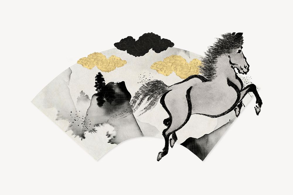 Hokusai's horse fan, vintage ink illustration psd