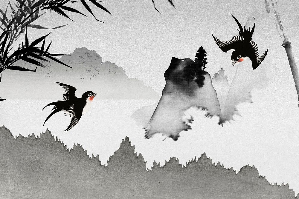 Japanese birds background, black forest illustration