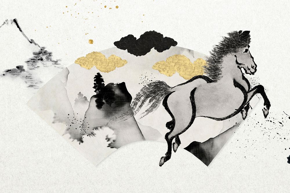 Running horse fan background, Japanese ink illustration