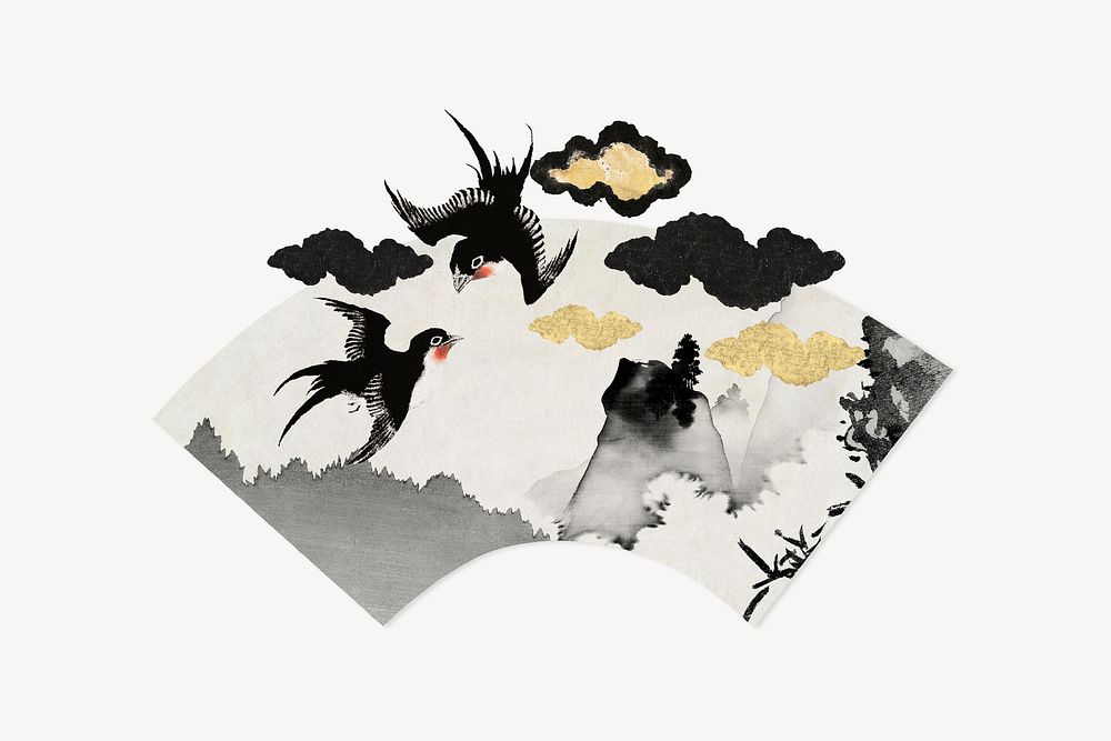 Hokusai's birds fan, Japanese animal illustration