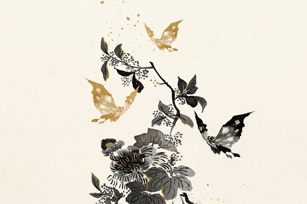 Aesthetic moths background, gold and black illustration