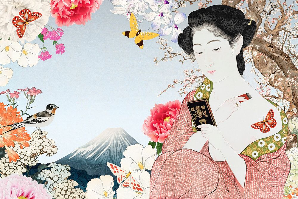 Aesthetic vintage Japanese woman background, doing makeup