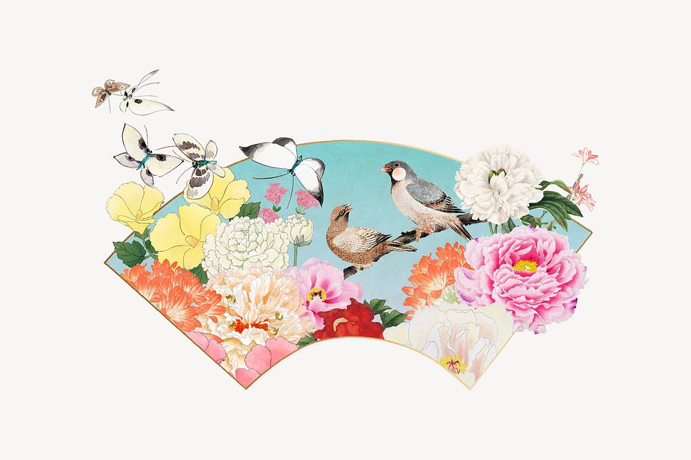 Hokusai's birds fan, Japanese flower illustration psd