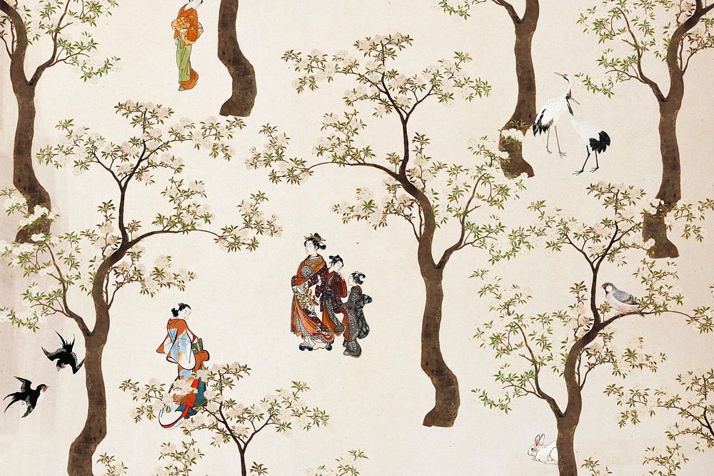 Vintage Japanese people in a park illustration